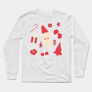 Red and White Retro Santa Pattern Long Sleeve T-Shirt